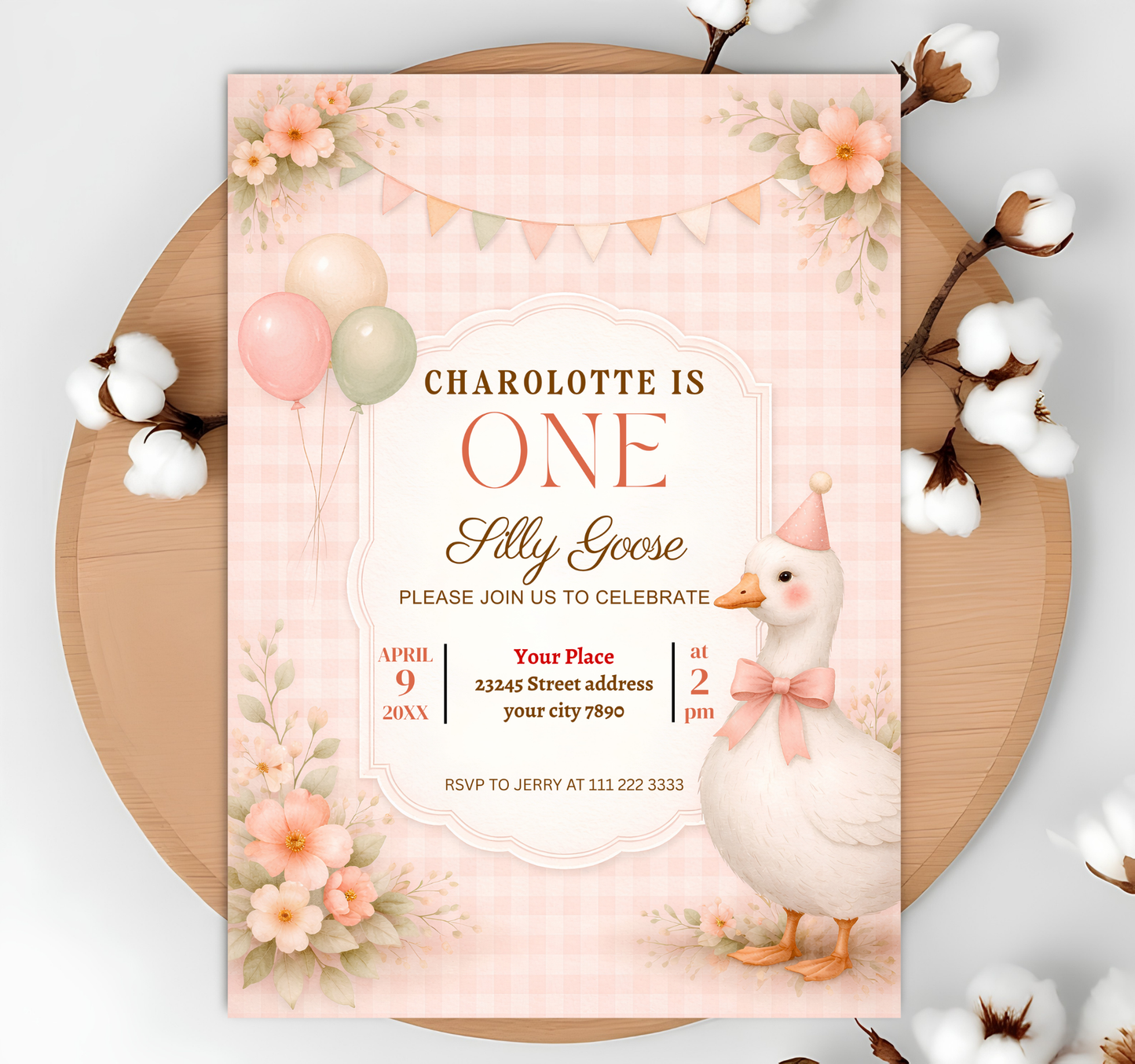 Editable Pink Gingham Silly Goose 1st Birthday Invitation Template