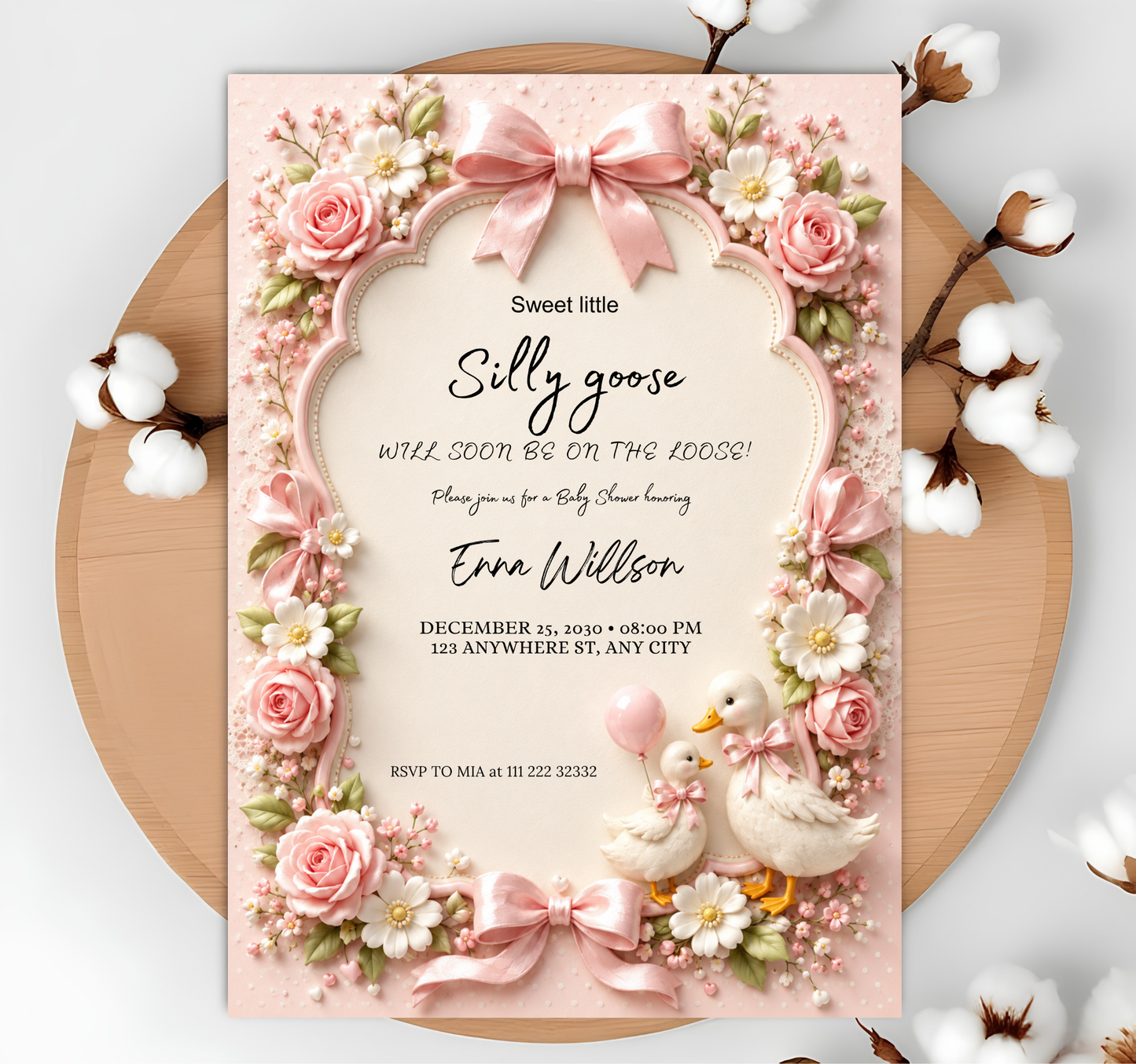 Silly Goose Girl Baby Shower Invitation: Coquette Pink Bow Goose Digital Download (5"x7" Editable Template)
