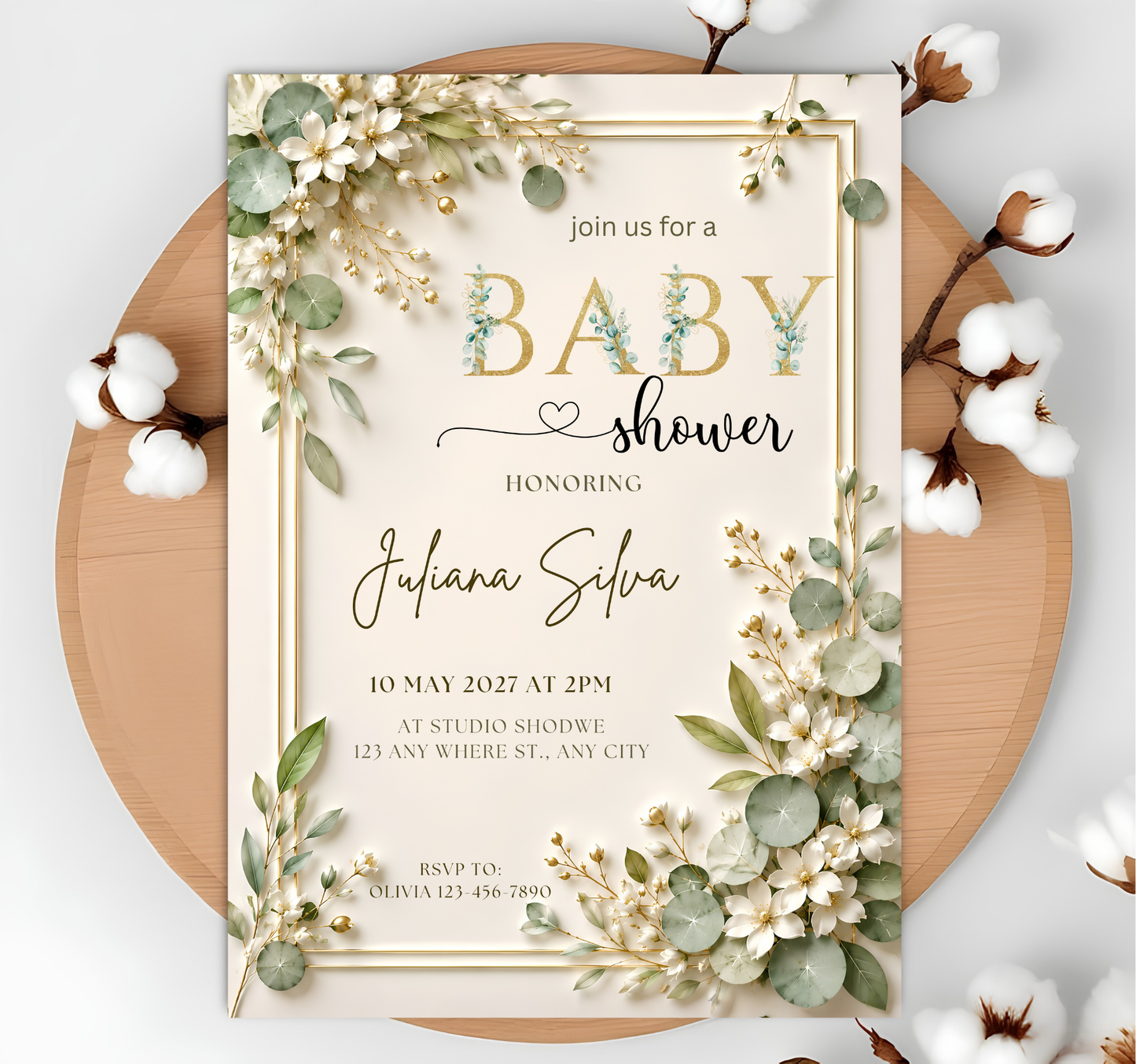 EDITABLE Elegant Baby Shower Invitation Green Leaves and Gold Baby Invite White Flowers Baby Shower Simple Baby Shower Invitation
