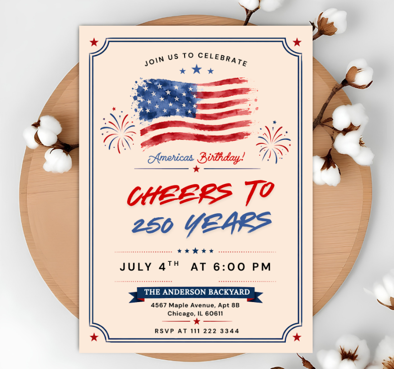 Editable America 250th Semiquincentennial 4th of July Invitation Template | Cheers to 250 Years Party Invite Canva