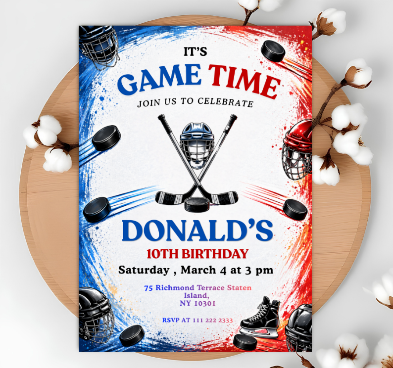 Ice Hockey Birthday Party Invitation, Ice-Skating Invite, Double Sided Winter Skating, Kids Hockey Bday Party Printable, Editable Canva