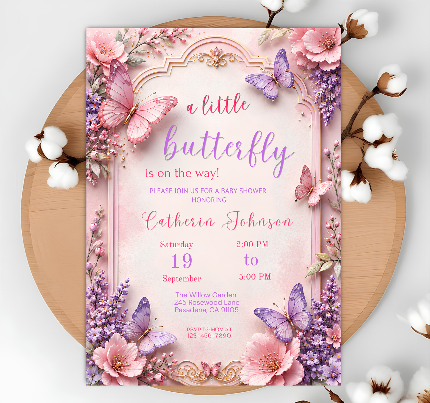 Butterfly Baby Shower Invitation Editable Template, Pink Purple Floral Butterfly Invite, Girl Baby Shower, Canva Template