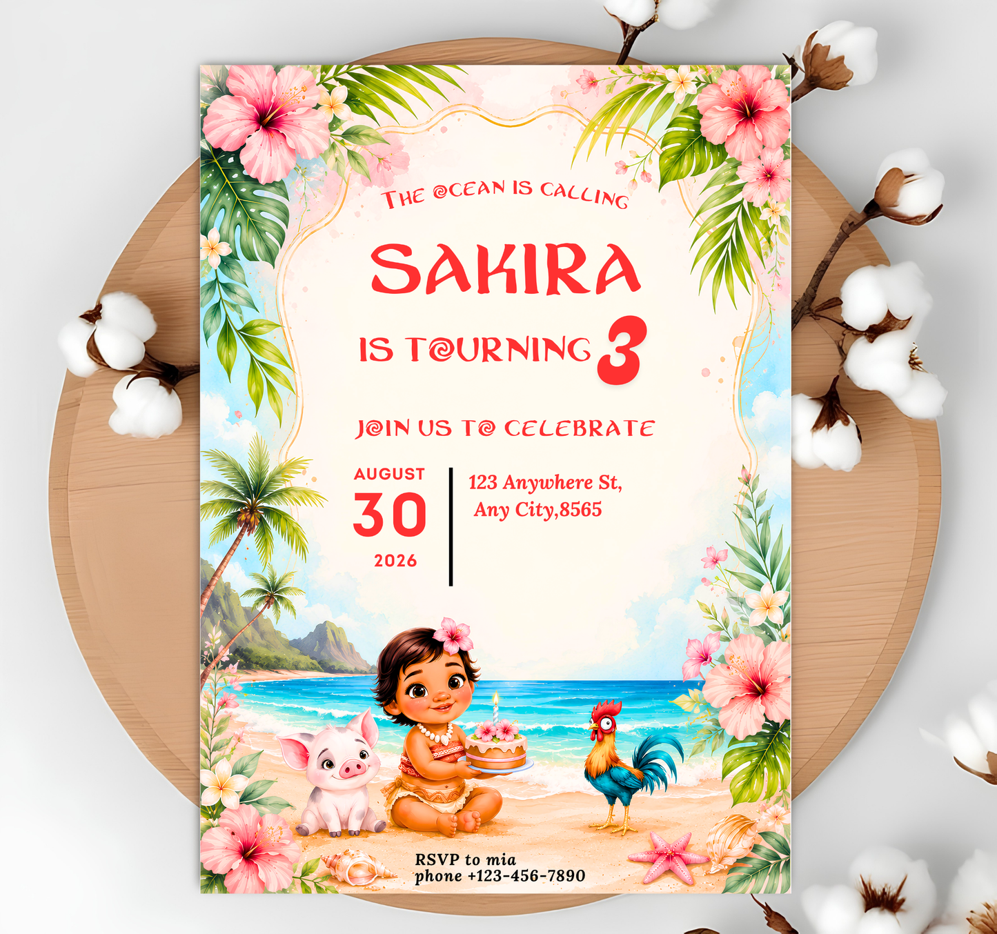 The Ocean Is Calling Birthday Invitation Girl, Polynesian Princess Beach Invite, Luau Birthday Canva Template Digital Download