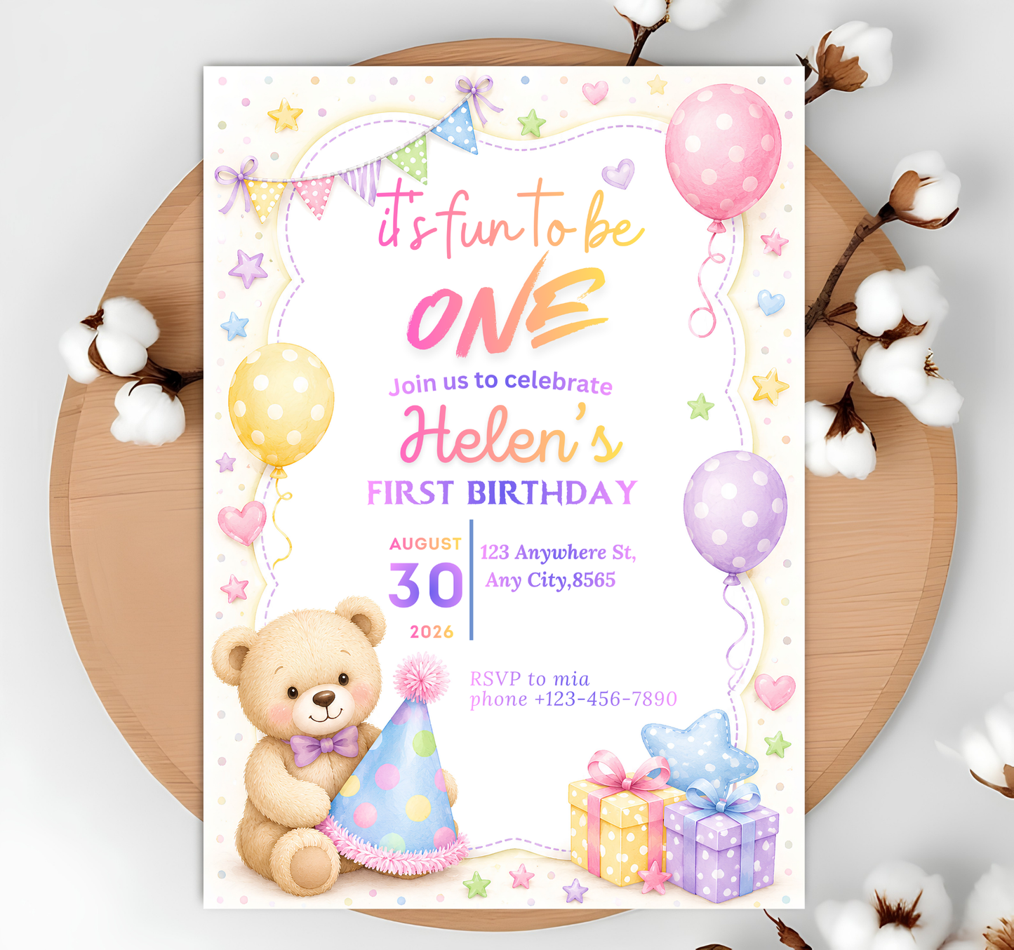 Teddy bear birthday invitation flat lay with cotton branch