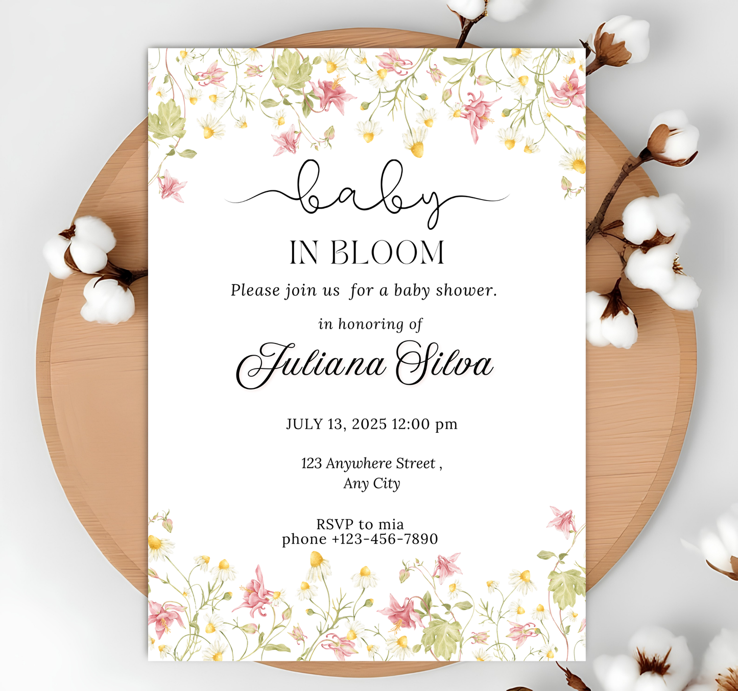Editable Baby in Bloom Baby Shower Invitation, Wildflower Baby Shower Invite, Pink Spring Flowers Baby Shower Invitation, Canva Template