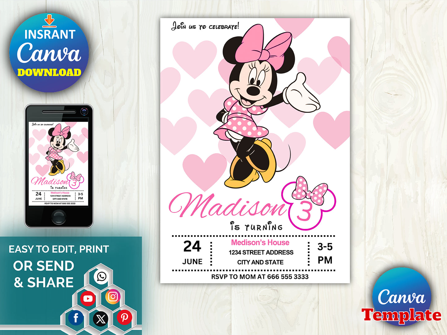 Editable Minnie Birthday Invitation(Printable)