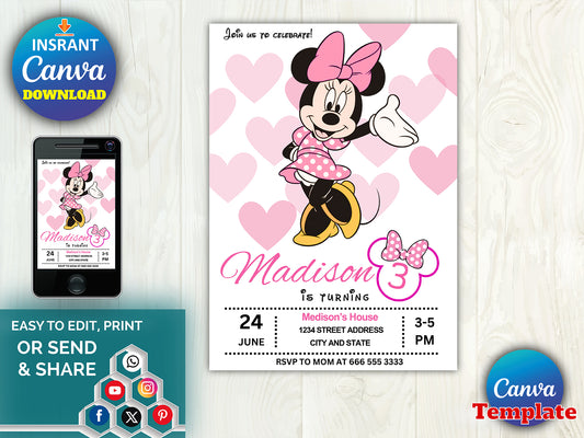 Editable Minnie Birthday Invitation(Printable)