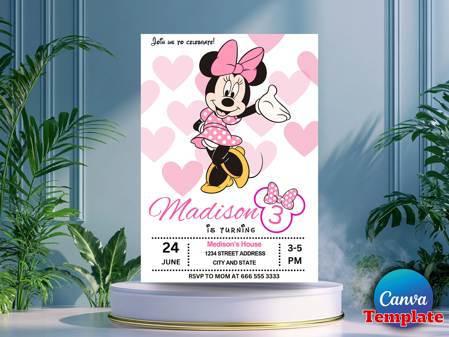 Editable Minnie Birthday Invitation(Printable)