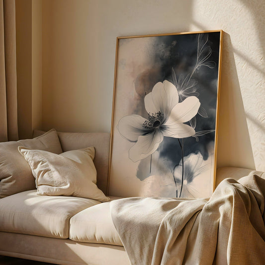 Modern Minimalist Art Beige Black Flower Abstract Art Set(Printable+Physical)