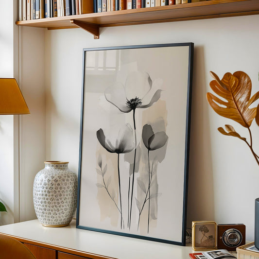 Modern Minimalist Art Beige Black Flower Abstract Art Set(Printable+Physical)