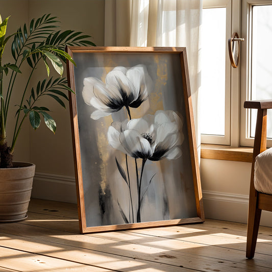 Modern Minimalist Art Beige Black Flower Abstract Art Set(Printable+Physical)