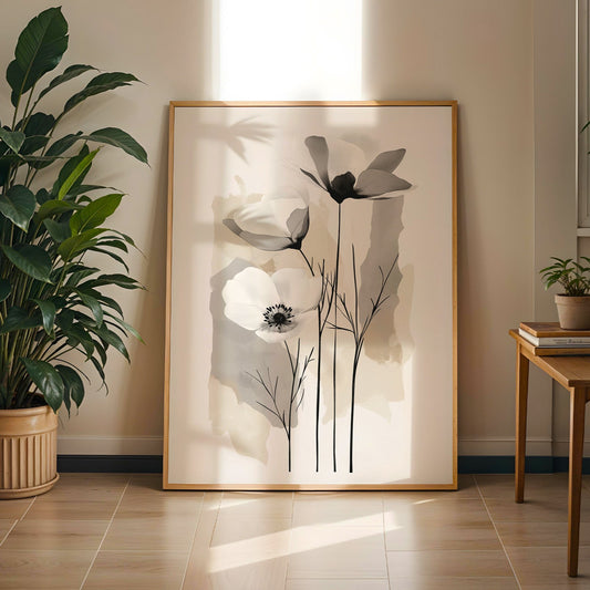 Modern Minimalist Art Beige Black Flower Abstract Art Set(Printable+Physical)