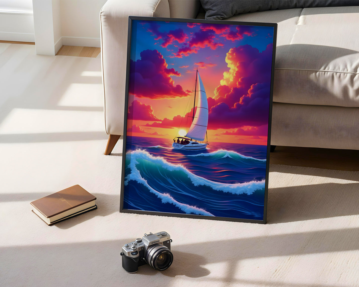 Colourful Boat Oil Painting Impasto Fishermen in Canoe at Sunset Boat Print Wall Art(Printable+Physical)