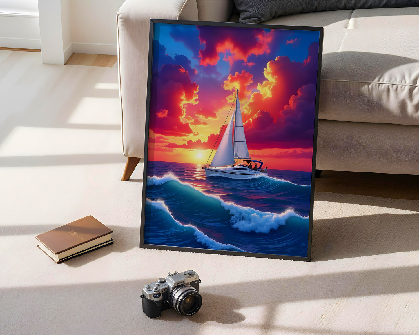 Colourful Boat Oil Painting Impasto Fishermen in Canoe at Sunset Boat Print Wall Art(Printable+Physical)