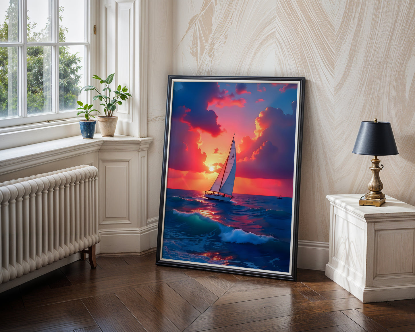 Colourful Boat Oil Painting Impasto Fishermen in Canoe at Sunset Boat Print Wall Art(Printable+Physical)