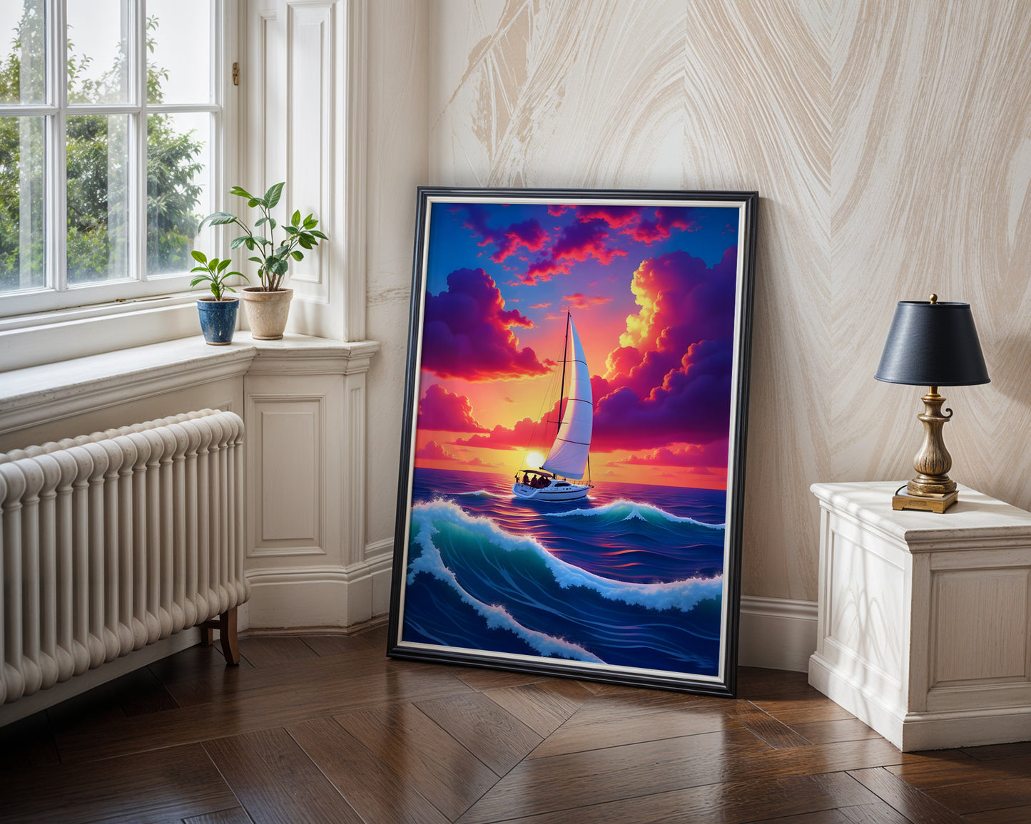 Colourful Boat Oil Painting Impasto Fishermen in Canoe at Sunset Boat Print Wall Art(Printable+Physical)