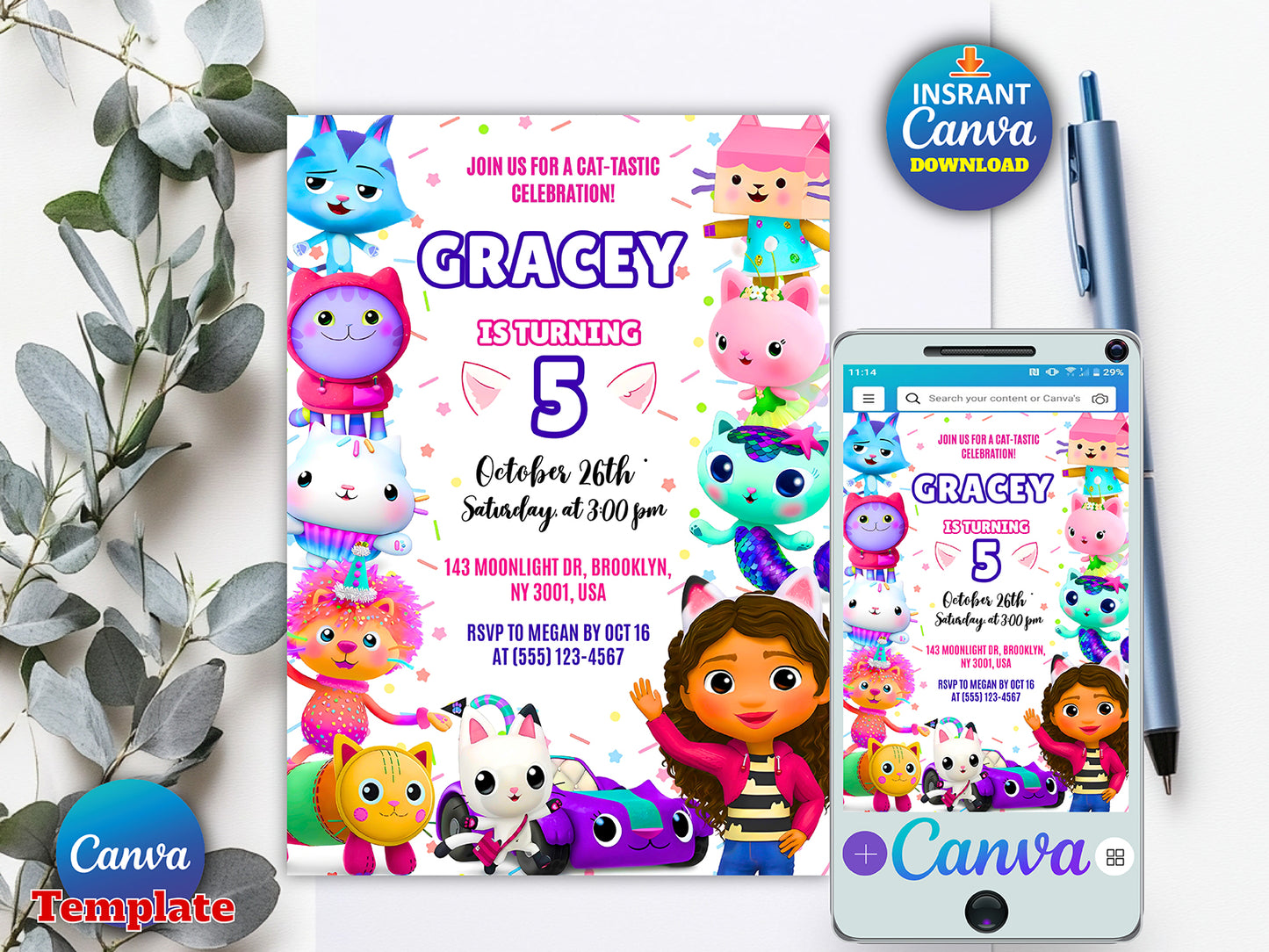 Editable Gabbys Dollhouse Birthday Invitation(Printable)