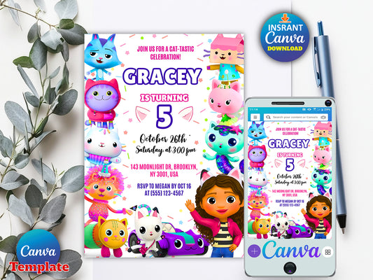 Editable Gabbys Dollhouse Birthday Invitation(Printable)