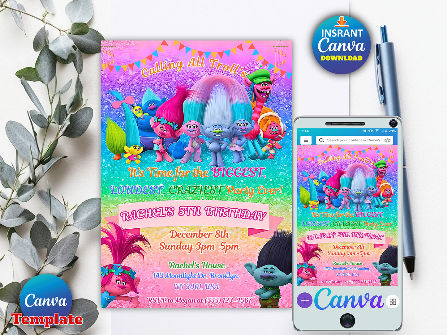 Printable Trolls Birthday Invitation(Printable)