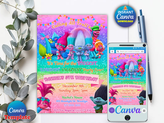 Printable Trolls Birthday Invitation(Printable)