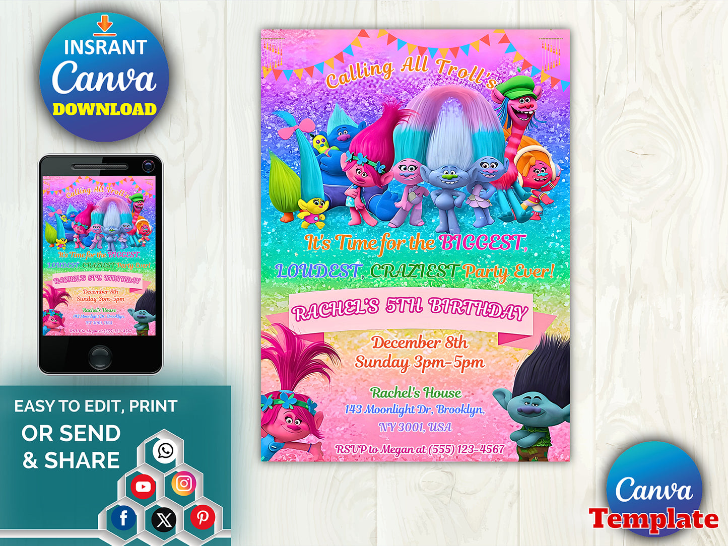 Printable Trolls Birthday Invitation(Printable)