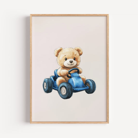 Retro Teddy Bear Blue Race Car Print (Printable+Physical)