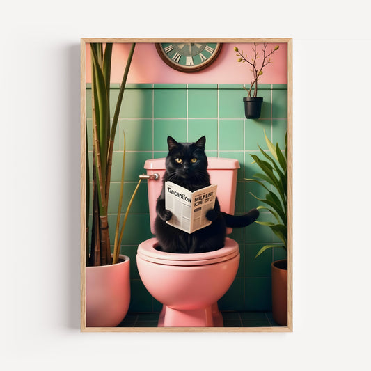 Bathroom Cat Print reading on Toilet(Printable+Physical)