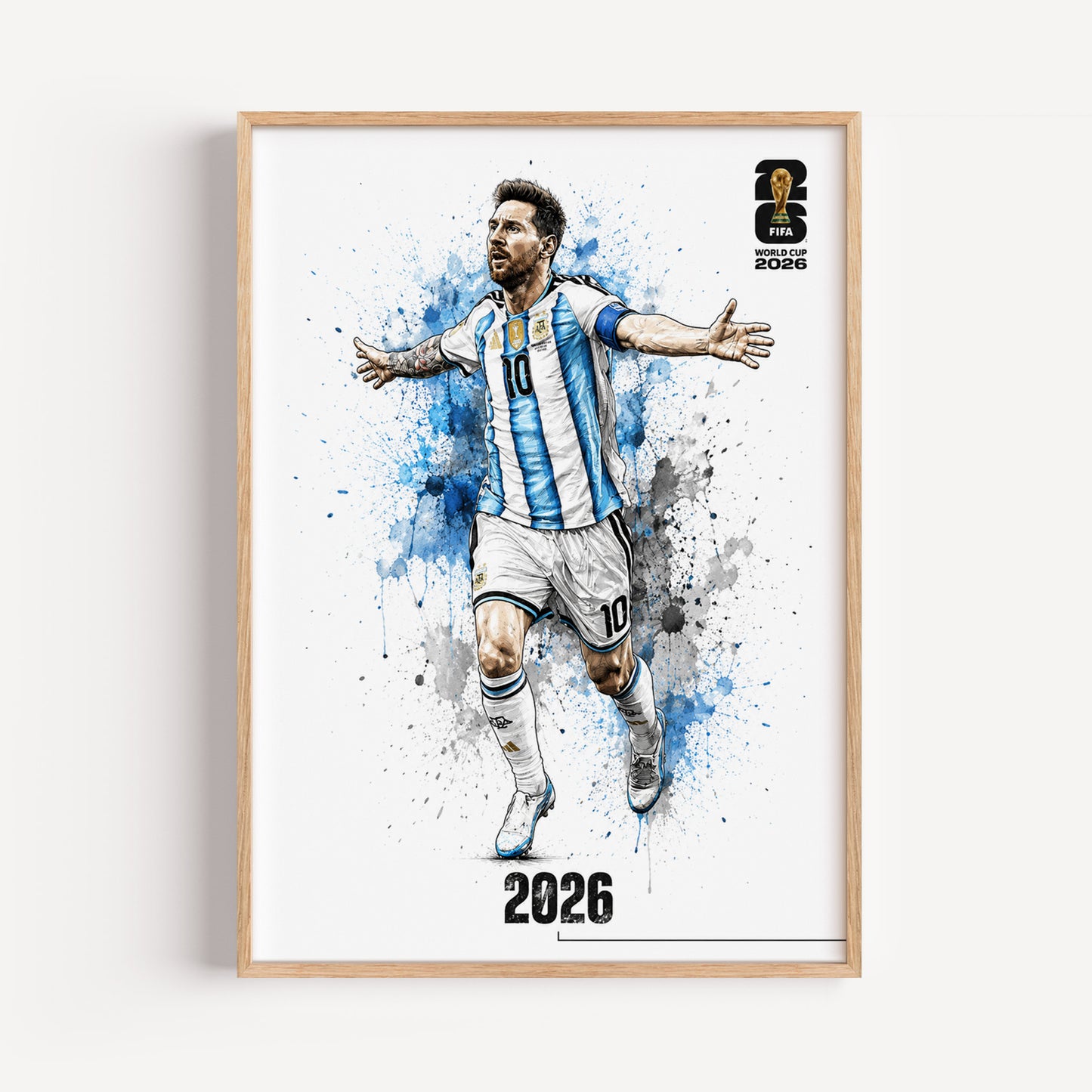 Lionel Messi Argentina 2026 World Cup Poster Arms Outstretched Watercolor Football Wall Art (Printable+Physical)