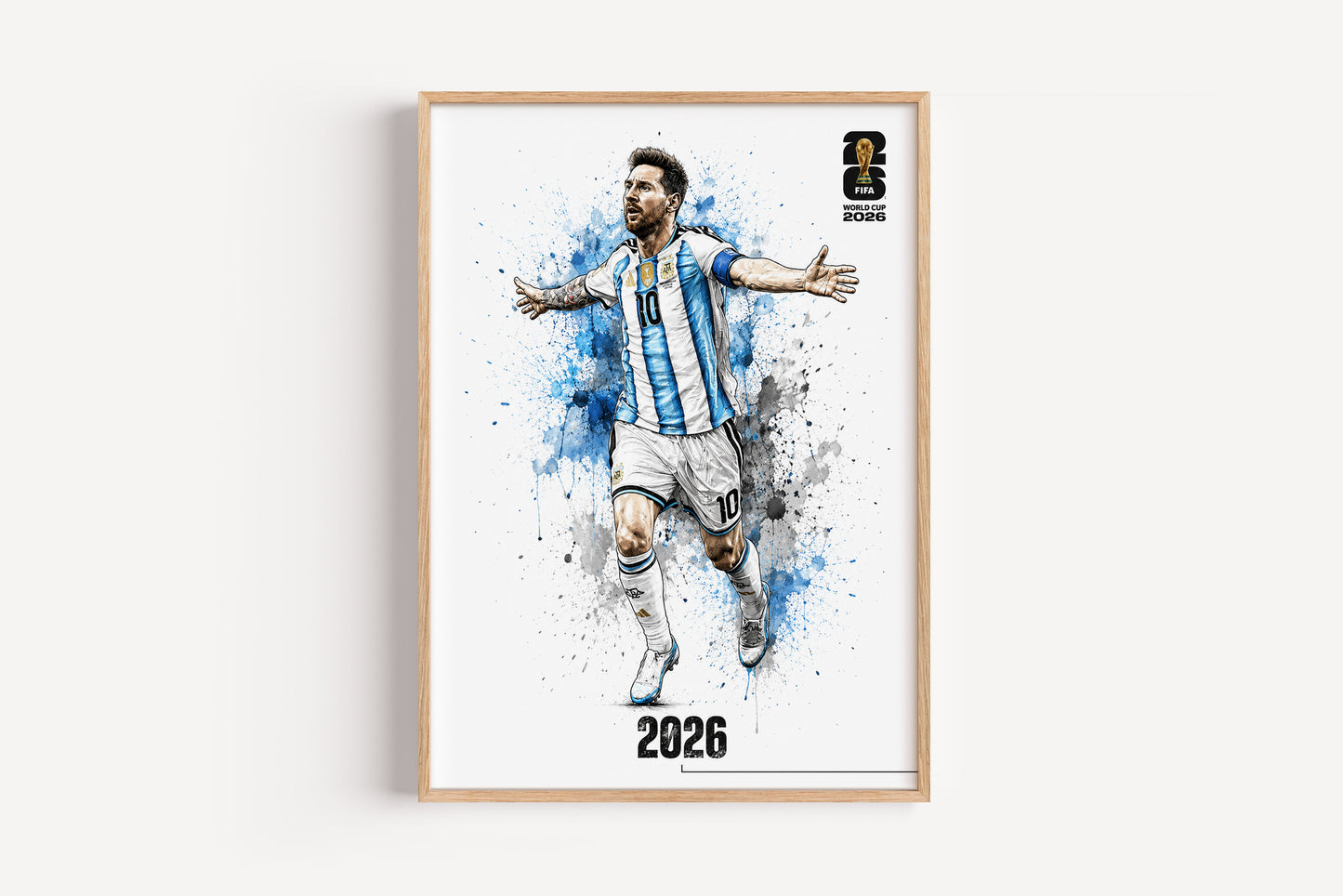 Lionel Messi Argentina 2026 World Cup Poster Arms Outstretched Watercolor Football Wall Art (Printable+Physical)