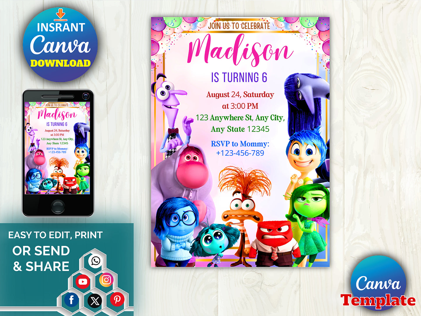 Editable Inside Out 2 Invitation(Printable)