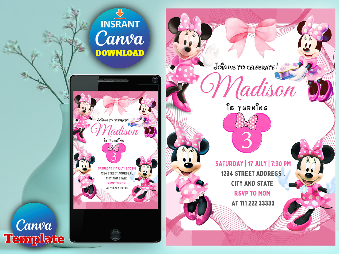 Editable Pink Minnie Mouse Birthday Invitation(Printable)