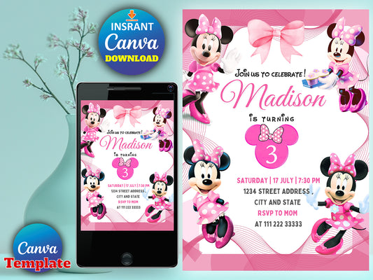 Editable Pink Minnie Mouse Birthday Invitation(Printable)