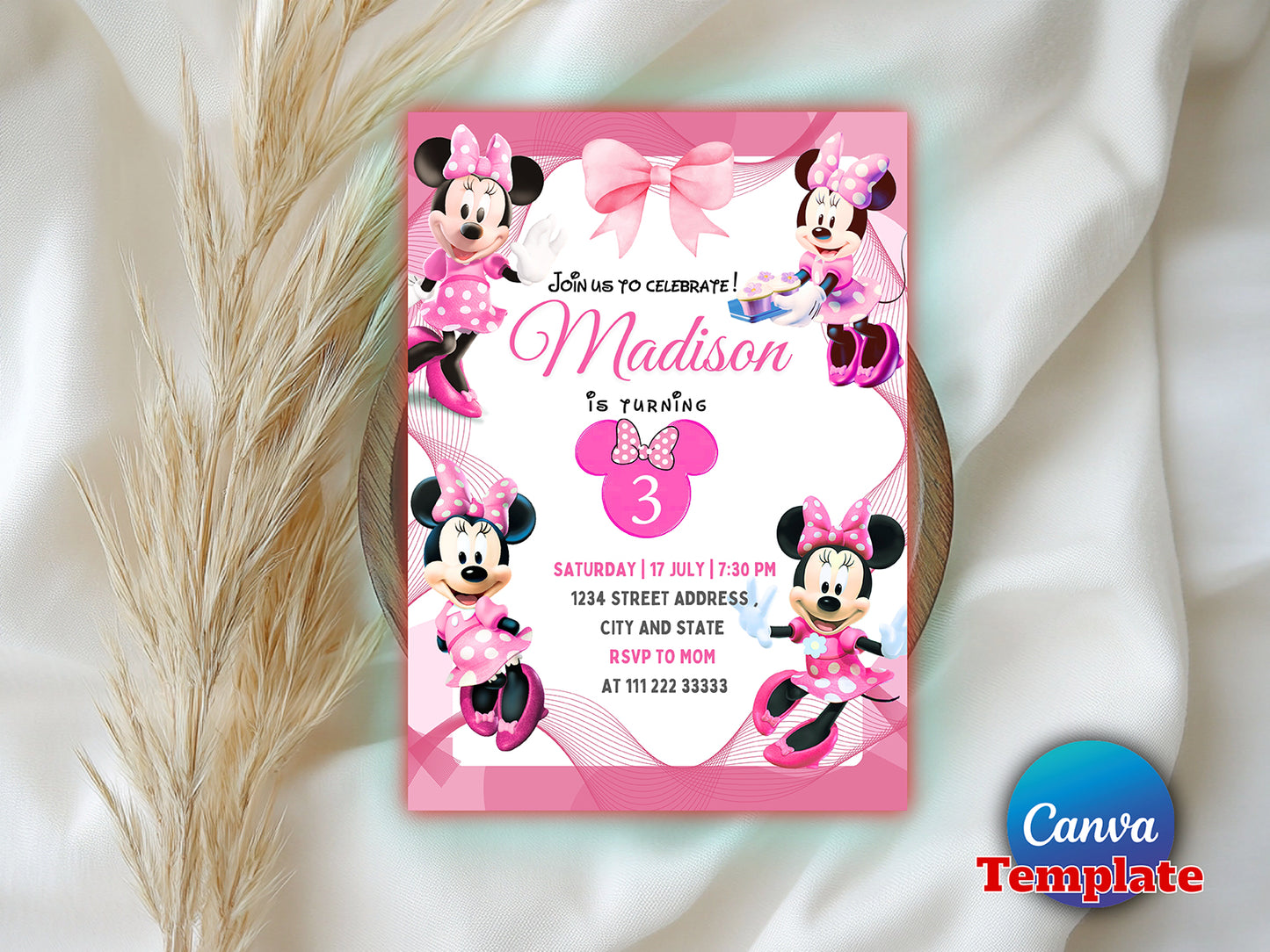 Editable Pink Minnie Mouse Birthday Invitation(Printable)