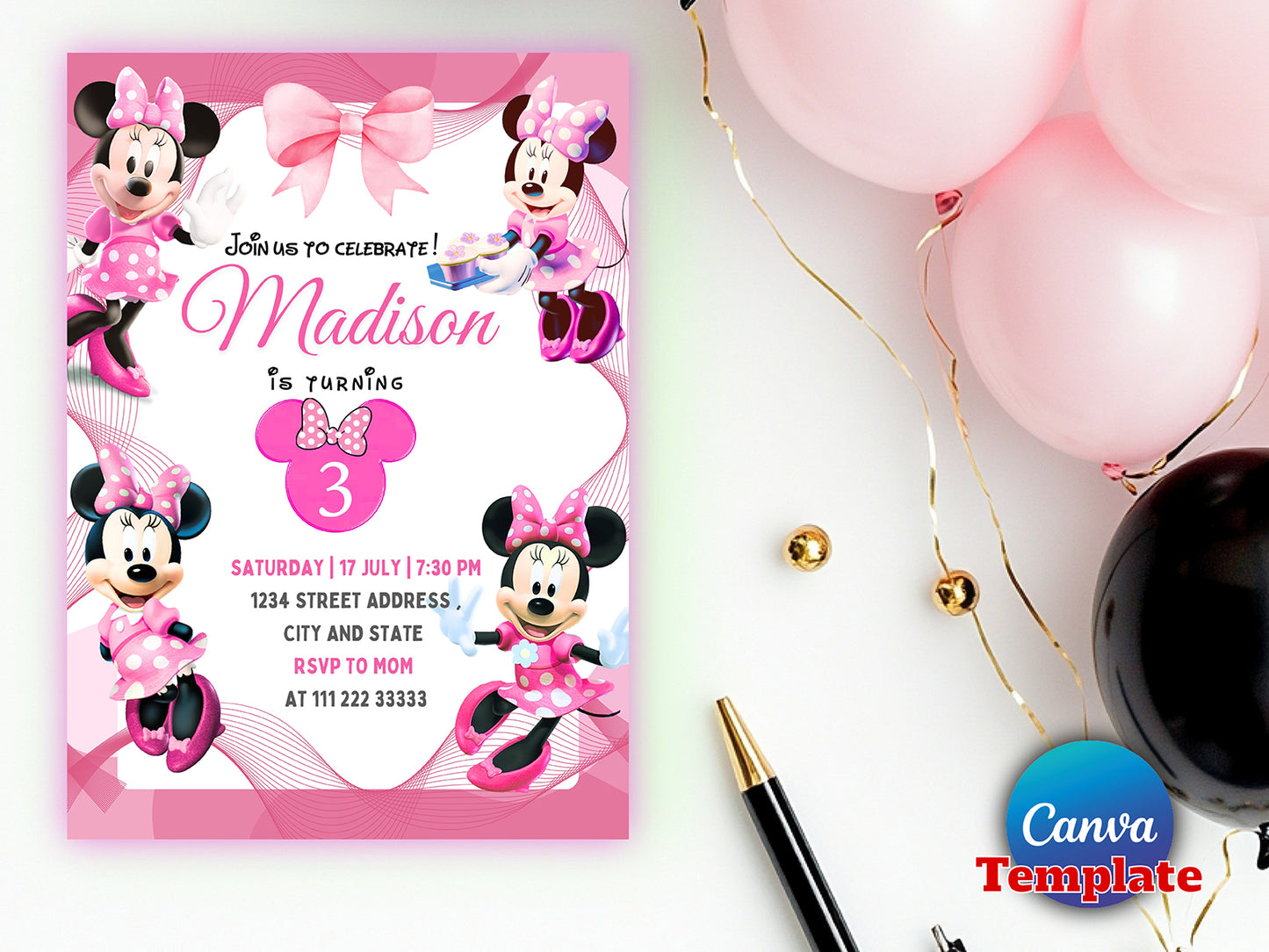 Editable Pink Minnie Mouse Birthday Invitation(Printable)