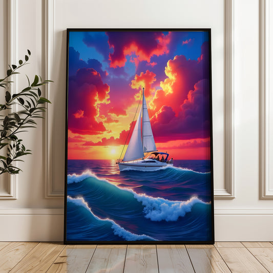 Colourful Boat Oil Painting Impasto Fishermen in Canoe at Sunset Boat Print Wall Art(Printable+Physical)