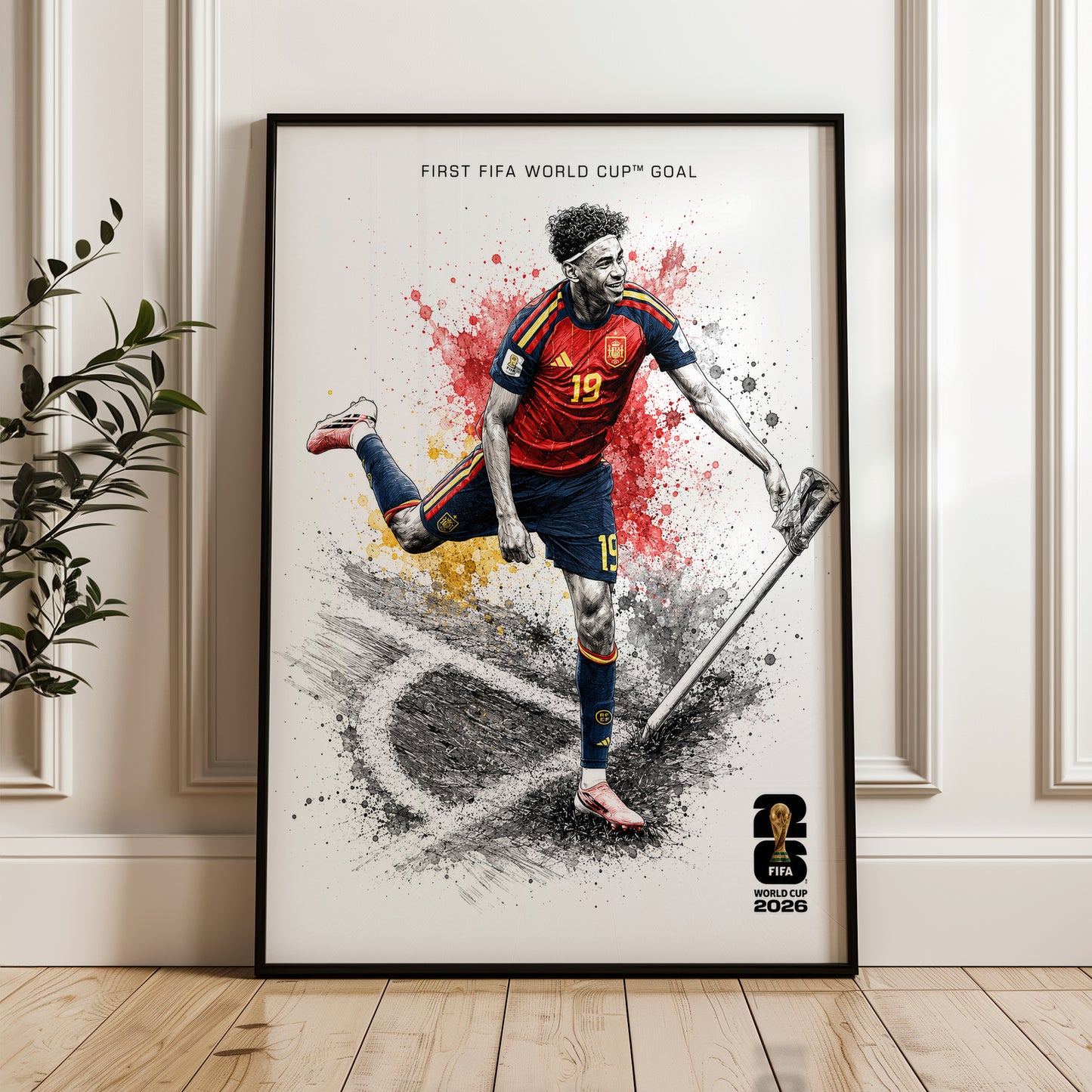 Lamine Yamal Spain First FIFA World Cup Goal Poster Corner Flag Celebration Splatter Wall Art (Printable+Physical)