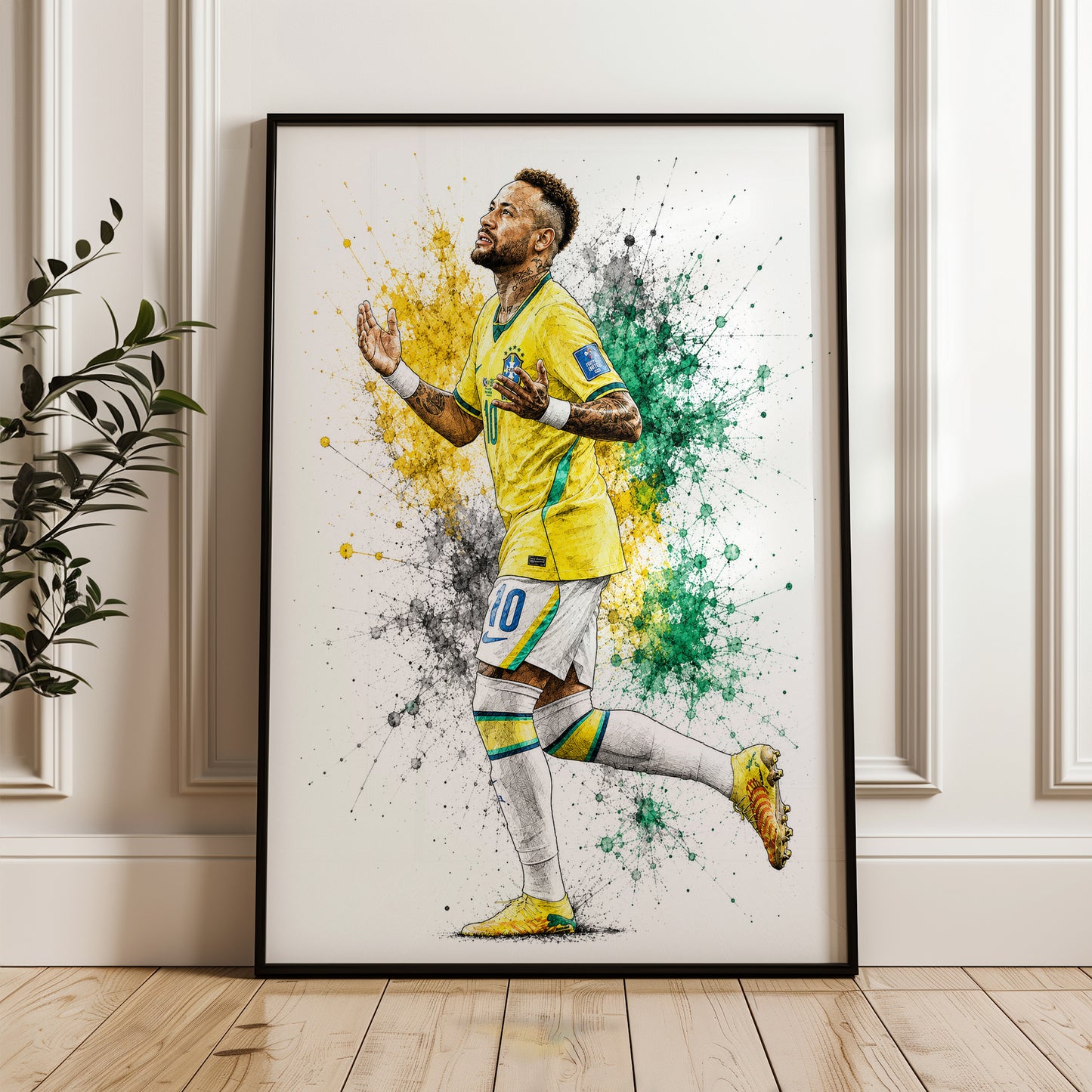 Neymar Jr Brazil Looking Up to Sky Gratitude Celebration Watercolor Splatter Art Poster (Printable+Physical)