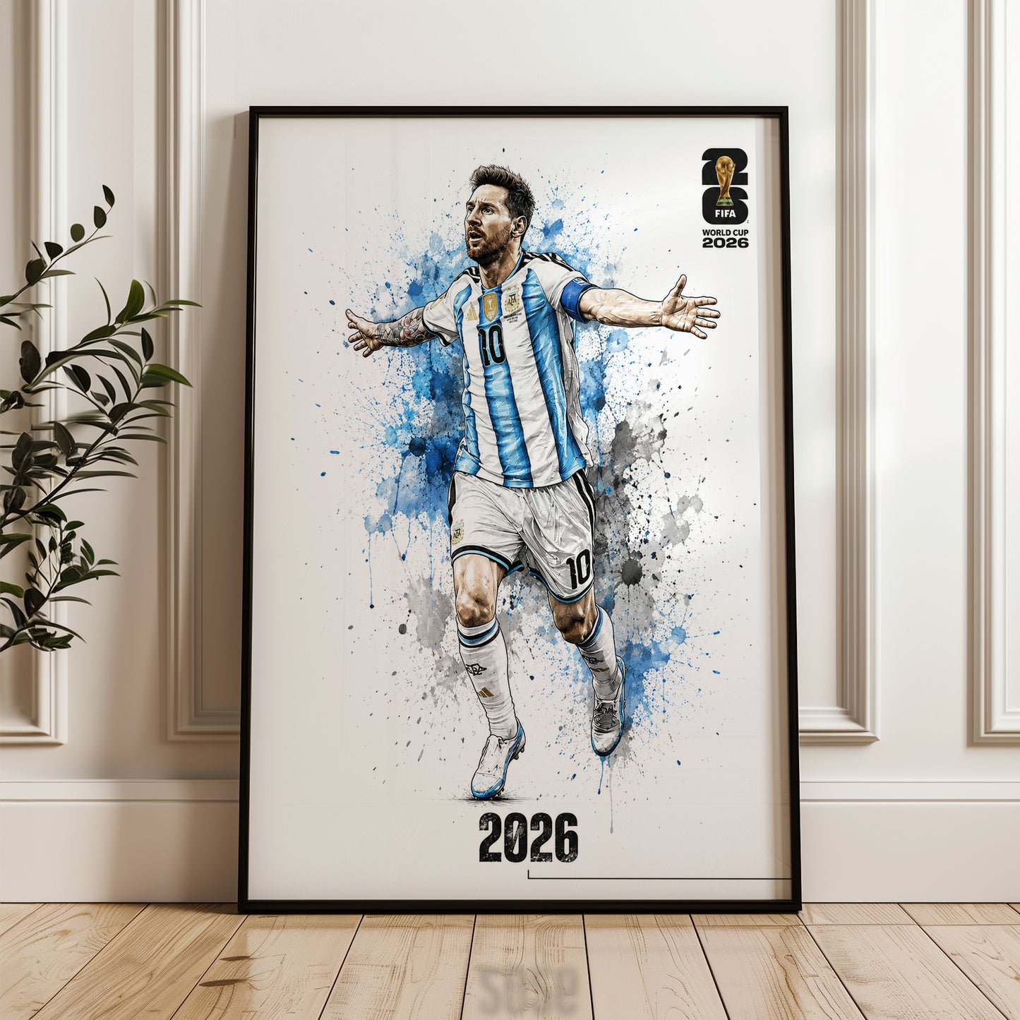 Lionel Messi Argentina 2026 World Cup Poster Arms Outstretched Watercolor Football Wall Art (Printable+Physical)
