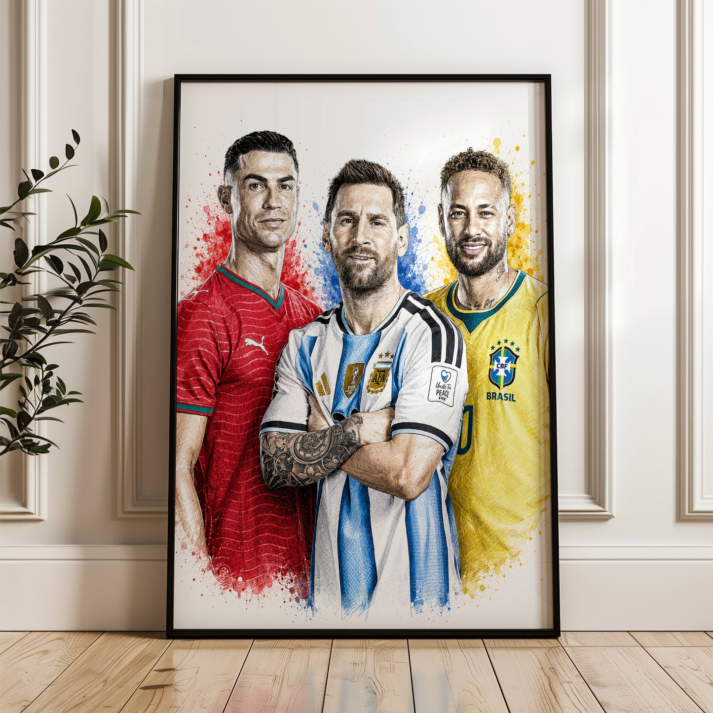 Football Triumvirate Messi Ronaldo Neymar Poster Trio Legends Watercolor Sketch Wall Art (Printable+Physical)