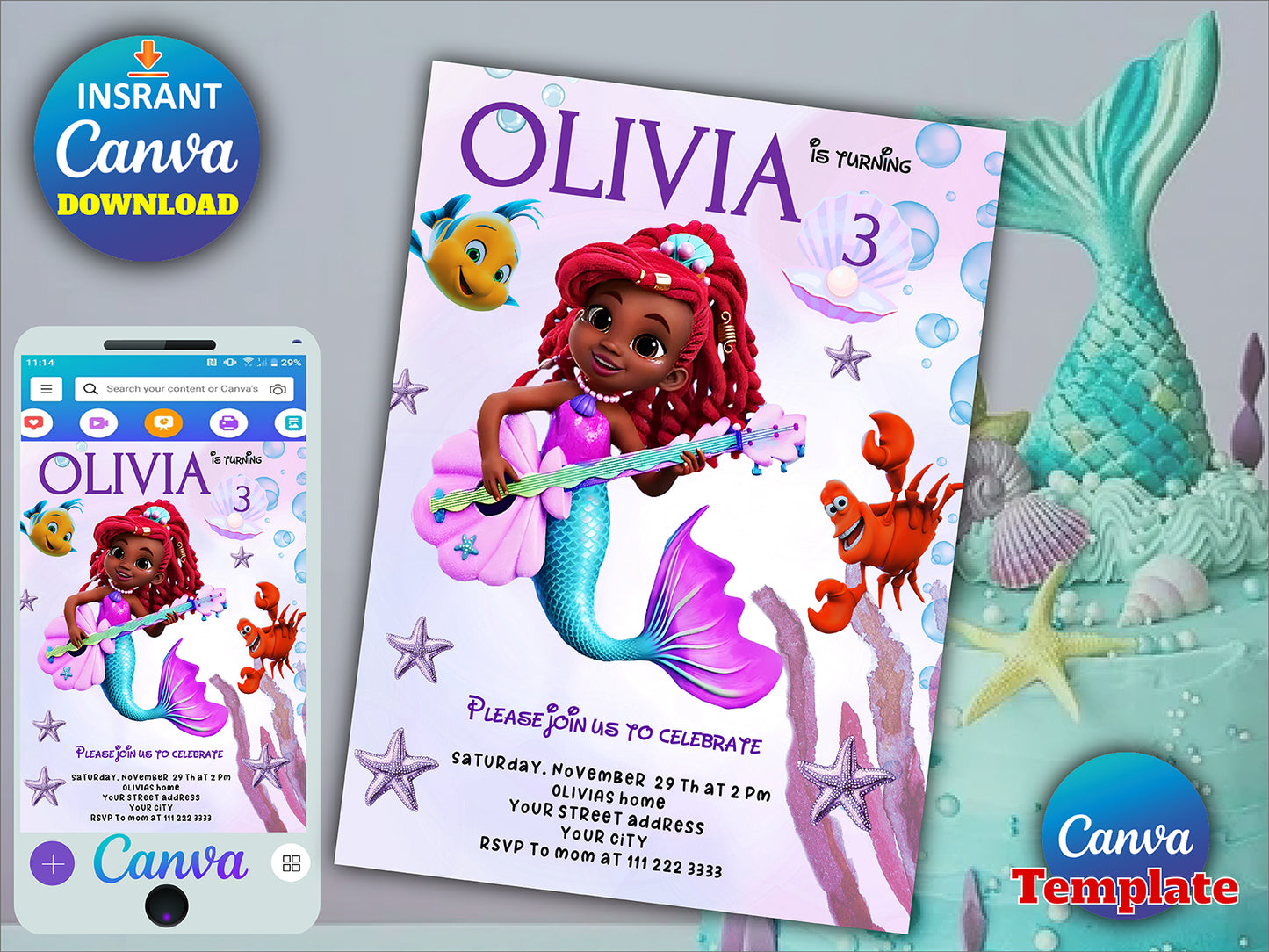 Editable The Little Mermaid Birthday Party Invitation(Printable)