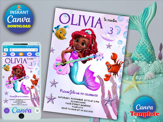 Editable The Little Mermaid Birthday Party Invitation(Printable)