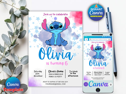 Editable Stitch Birthday Invitation Template(Printable)
