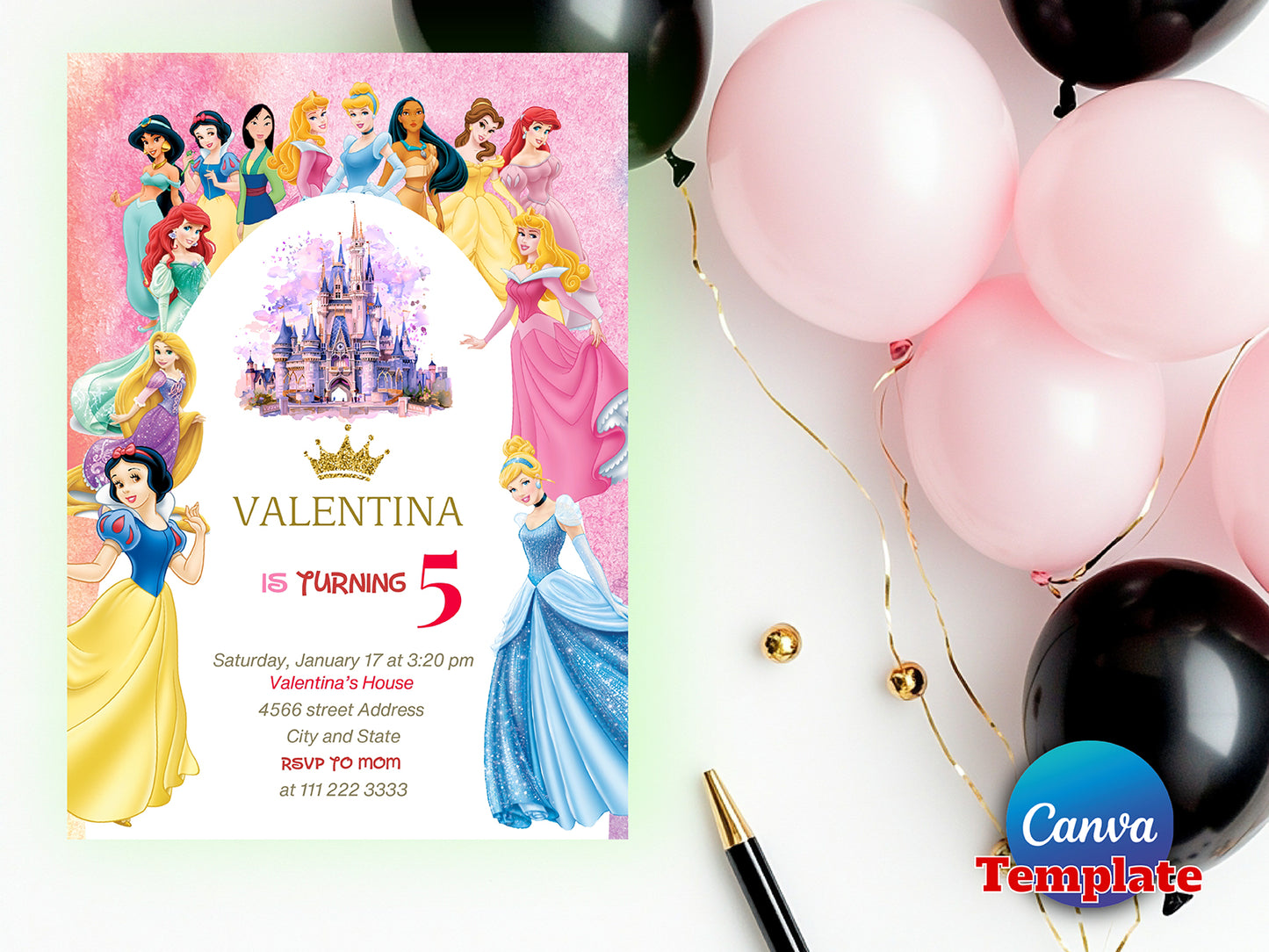 Watercolor Princess Birthday Invitation(Printable)