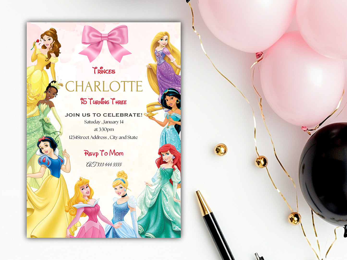 Watercolor Princess Birthday Invitation(Printable)