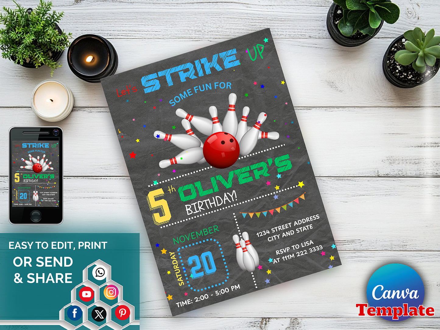 Editable Bowling Birthday Invitation Canva Template(Printable)