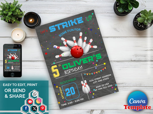 Editable Bowling Birthday Invitation Canva Template(Printable)