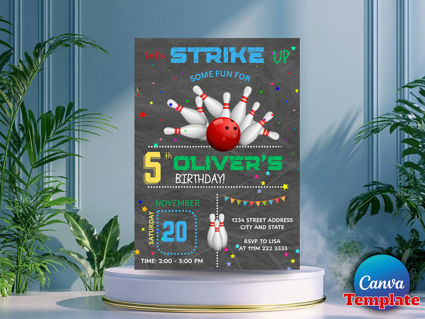 Editable Bowling Birthday Invitation Canva Template(Printable)