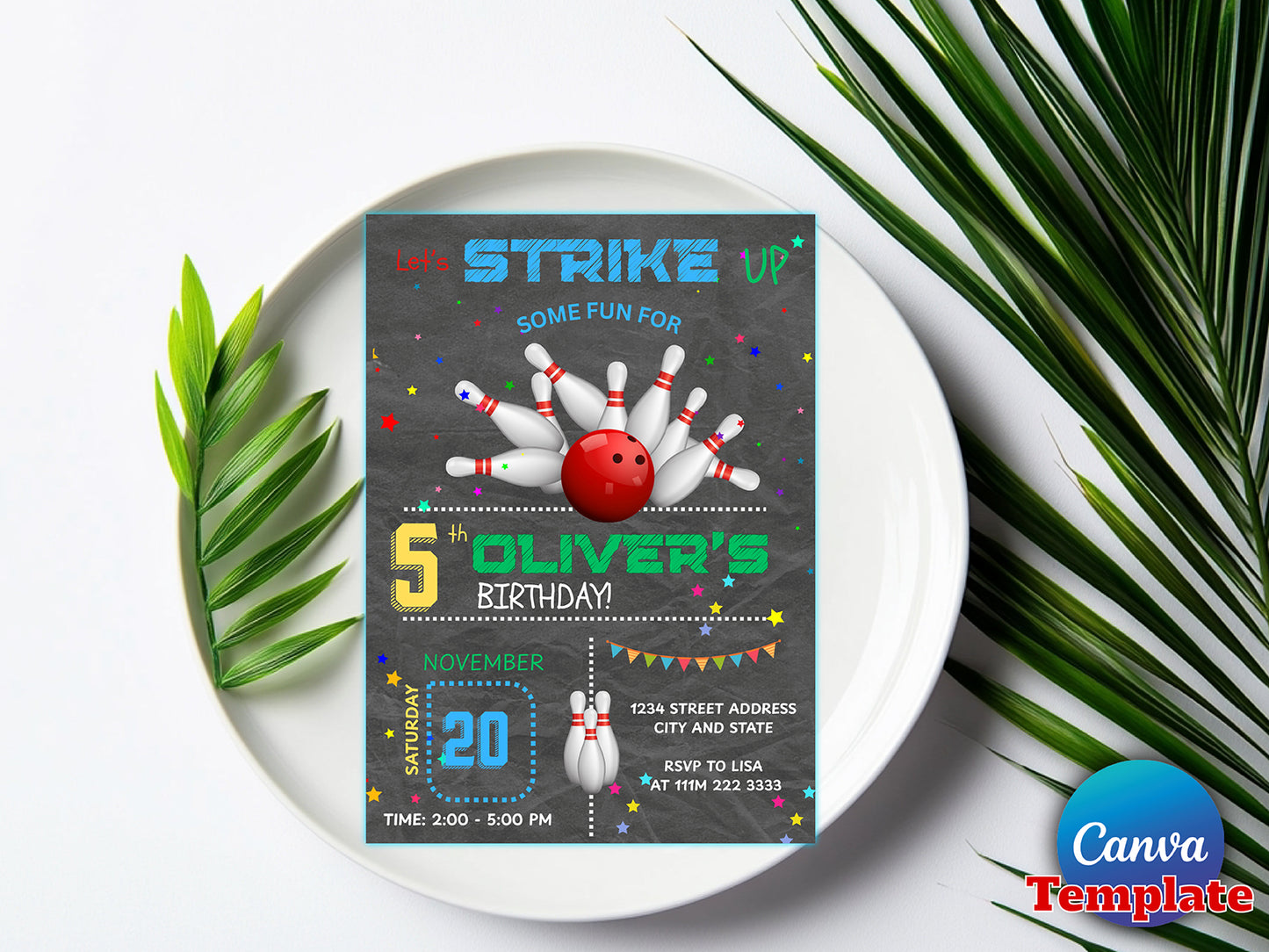 Editable Bowling Birthday Invitation Canva Template(Printable)