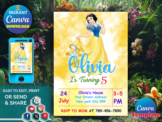 Watercolor Snow White Birthday Invitation(Printable)