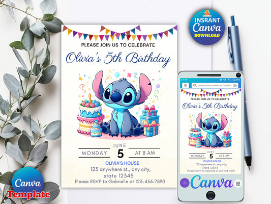 Editable Stitch Birthday Party Invitation Template(Printable)